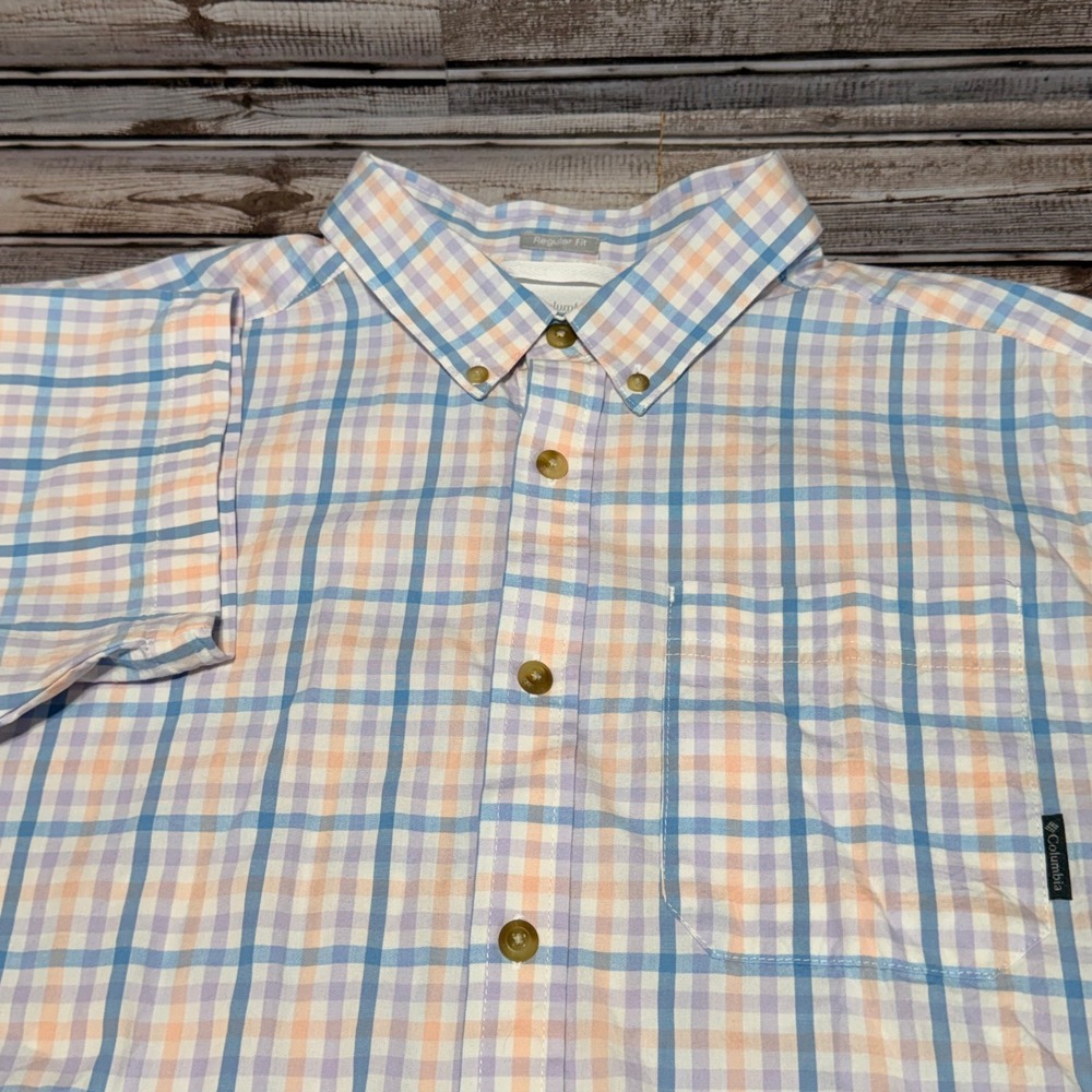 Columbia Button Down Shirt Mens XL Blue Peach Plaid Short Sleeve Regular Fit